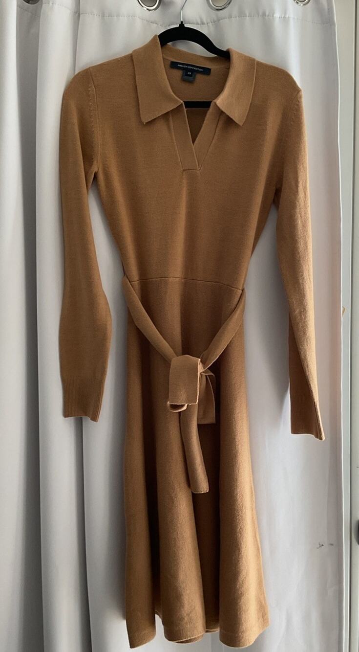 French Connection Sweater Dress XS Camel Belted Preppy Collared Knit Midi